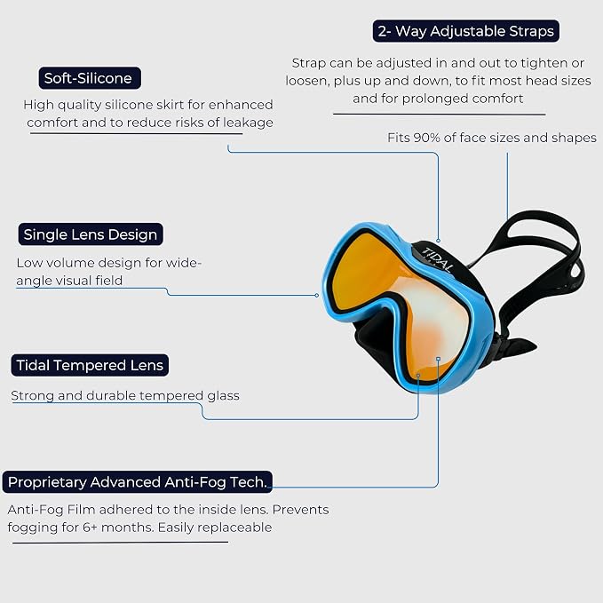 Tidal Mask-Advanced Anti Fog Diving Mask for Scuba Diving, Snorkeling, Free Diving&Swimming. Wide-Angle Tempered Glass Single Lens.
