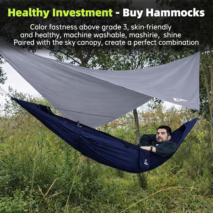 Camping Hammock with Mosquito Net and RainFly Tarp - 2 Person Hammock, Portable Parachute Nylon Hammock for Outdoor, Hiking, Backpacking, Backyard, Travel (Up to 500lbs) - Midnight Blue