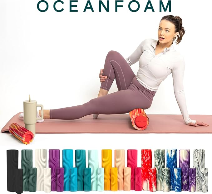 Oceanfoam Ripple Travel Foam Roller (11" x 3.35") Firm Mini Foam Roller for Physical Therapy, Deep Tissue Massage, Back Pain - High Density, Wave Textured, Yoga, Exercise (Red, Gold & Natural Marbled)