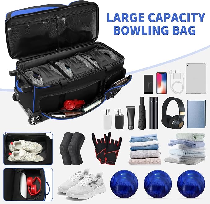 BOSSTIN 3 Ball Bowling Bags with Wheels, Secure Adhesive Fixed Ball Cup & Shoe Compartment, Bowling Ball Bag 3 Ball Roller with Multi-Pockets