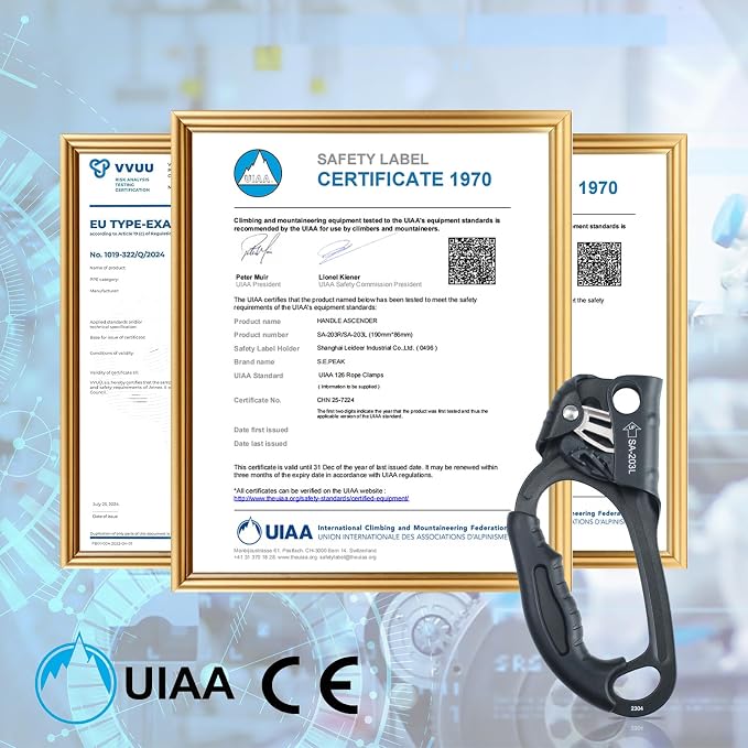 UIAA & CE Certified Climbing Rappelling Equip Hand Ascender Left Right Hand for 8-13mm Rope 4kN