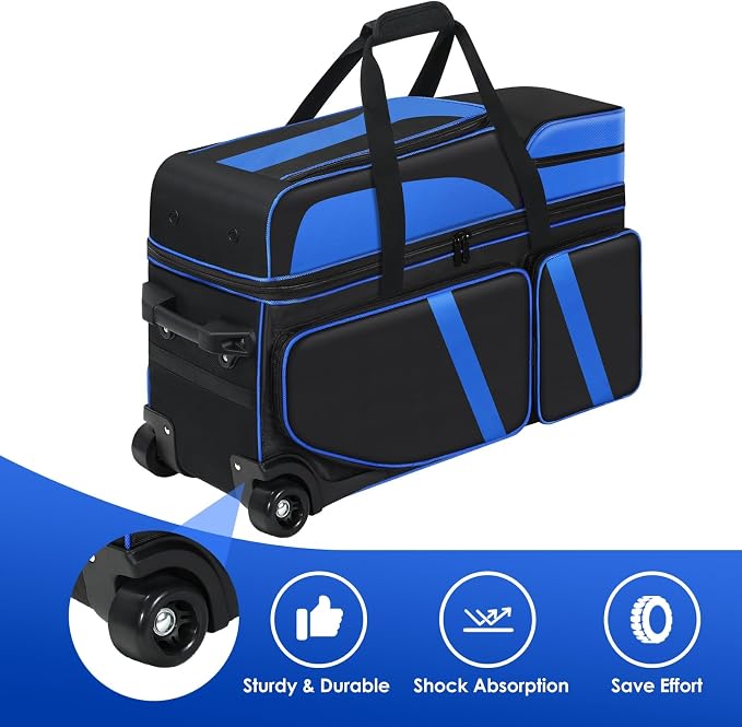 3 Ball Bowling Roller Bag with Smooth Wheels & Shoe Compartment, Heavy Duty 3 Ball Bowling Bag with Retractable Handle, Large Capacity Bowling Bag with Multi-pockets for Tournament, Travel, League
