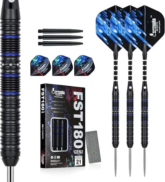 Formula Sports 90% Tungsten Steel Tip Darts Set - Professional Steel Tip Darts Set with Flights, Shafts and Sharpener, Available in 21g/22g/23g/24g