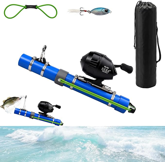Fishing Catapult Rod, Portable Catapult Fishing Pole with Reel & Metal Lure, Complete Casting Kit with 2 Latex Tubes & Carry Bag for Saltwater and Freshwater Fishing Gear