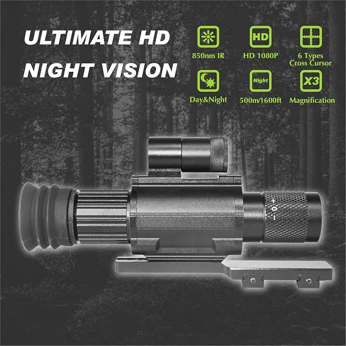 Day & Night Vision Rifle Scope Monocular with 850nm IR Fixed 3X Magnification, Digital Night Vision monocular Telescope，Hunting Wildlife Observation， Can be Used independently