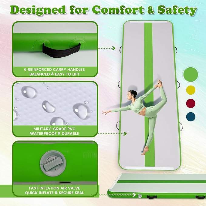 Tuxedo Sailor Inflatable Gymnastics Mat with Electric Pump, Storage Bag, Repair Kit–Air Mat for Home Training, Cheerleading, Yoga