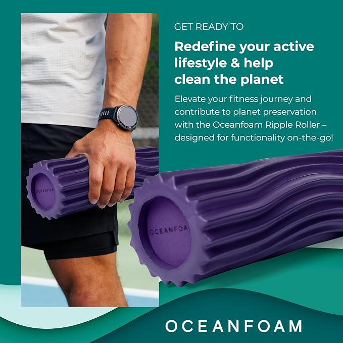 Oceanfoam Ripple Travel Foam Roller (11" x 3.35") Firm Mini Foam Roller for Physical Therapy, Deep Tissue Massage, Back Pain - High Density, Ergonomic Wave Textured - Yoga, Pilates, Exercise (Seafoam)