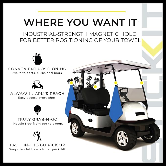 STICKIT Magnetic Golf Towel - Ultra-Absorbent Waffle Weave Microfiber & Removable Magnet - Golf Towel with Magnet for Bags, Clubs & Carts - Removes Dirt, Grass, & Debris from Club Face - 29” x 29”