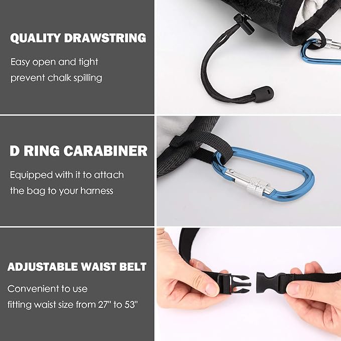 Rhino Valley Climbing Chalk Bag, No Leak Drawstring Chalk Bag with Adjustable Belt, Carabiner Clip and Zippered Pockets Chalk Bag for Rock Climbing, Cross Fit, Weight Lifting & More