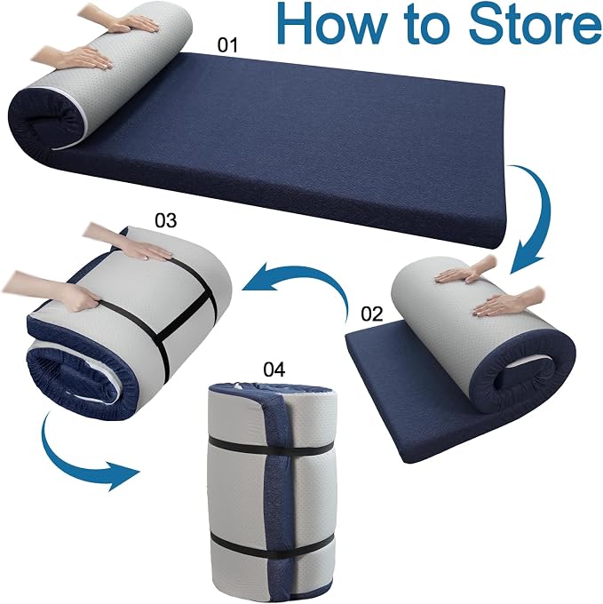 Memory Foam Camping Mattress Pad 3inch, Sleeping Pad, Roll Up Mattress for Adults, Camping Bed Pads for Sleepover, Non-Slip Bottom Cot Mattress Pad 72" x 24"x 3"