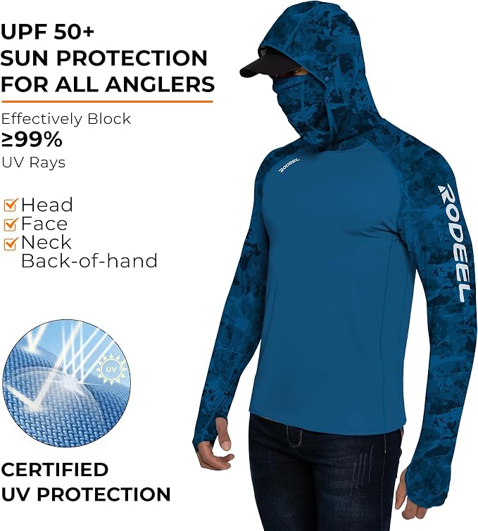 Rodeel Men's UPF 50+ Performance Fishing Hoodie, Long Sleeve Sun Protection Athletic Quick-Dry Breathable T-Shirt