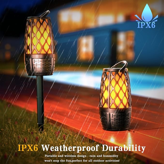 KANAD Outdoor Speakers Bluetooth with Flame Lights, IP65 Waterproof, HD Stereo Sound 100 Speaker Connection Sync - Gifts for Men, Dad