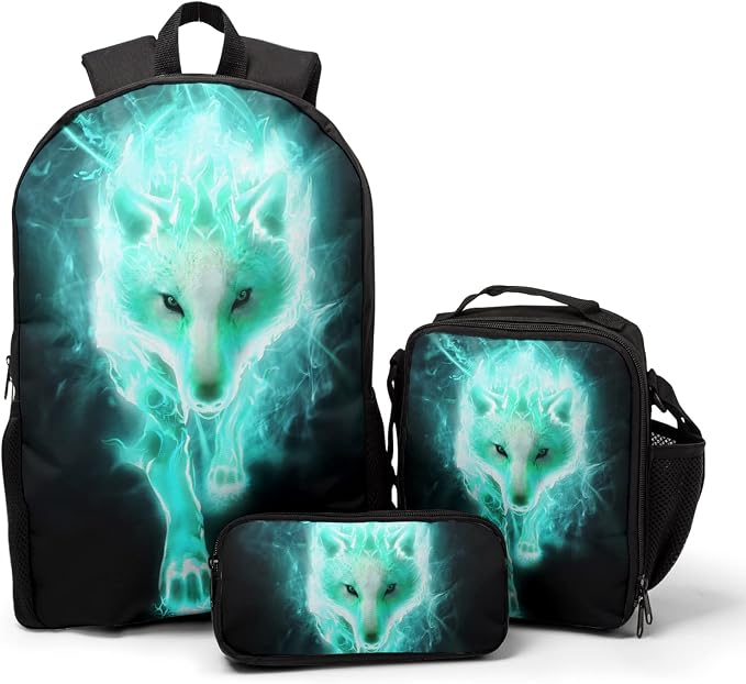 Giwawa Cyan Wolf Backpack 3-Piece Set, Cool Wilderness Animal Pattern Bookbag Lunch Bag Stationery Holder Case for School College Students Daily Essentials Camping Trips Outdoor Travel
