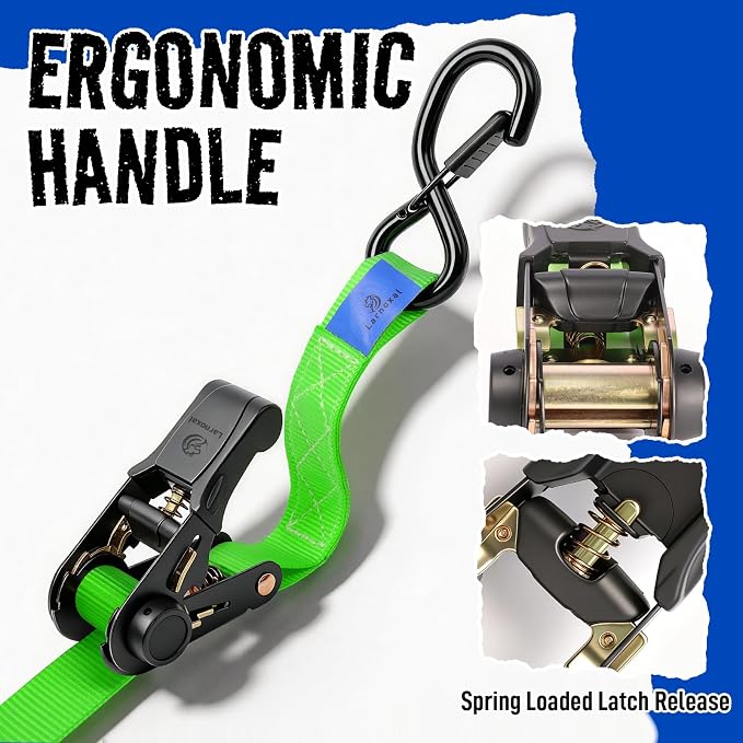Ratchet Straps 4 Pack - 1,826 Lbs Break Strength 1 in x 15 Ft Medium Duty Ratchet Tie Down Straps with S Hooks Set for Truck, Cargo Van, Trailer, Motorcycle (Green)