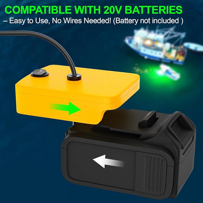 Underwater Fishing Light Compatible for DeWalt 20V Battery（Battery Not Included）, IP68 Waterproof 1300 Lumens LED Submersible Green Fish Attractor Light for Night/Ice/Boat Fishing
