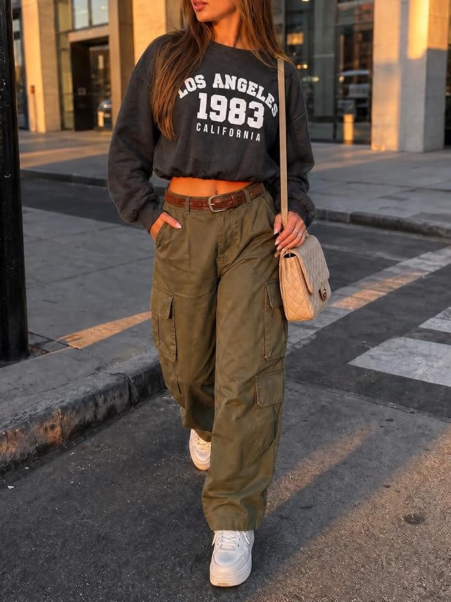 Flowyair Womens Crewneck Sweatshirt Los Angeles Elastic Waist Crop Tops | Long Sleeve, Loose Fit, Fall Spring, Pullover Tops, Round Neck, Elasticated Hem