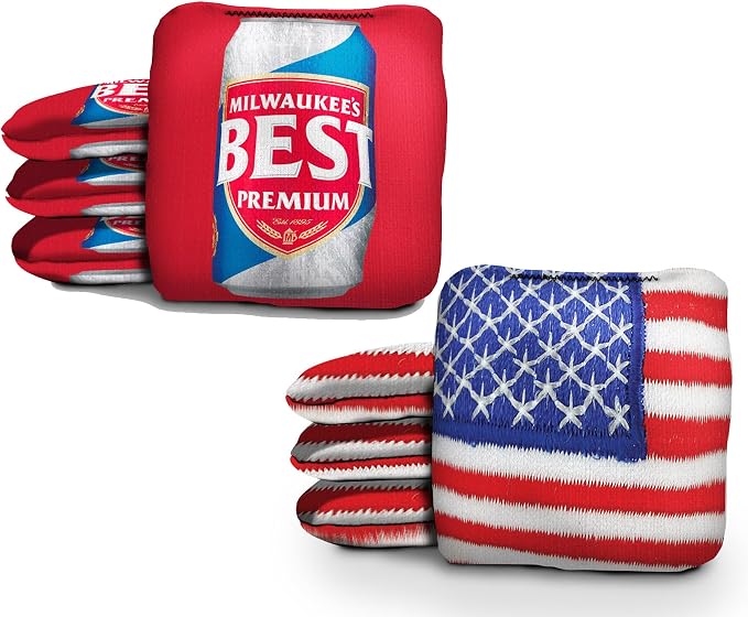 Slick Woody's Official Brand Beer + American Flag Cornhole Bags – Resin-Filled Tournament Performance with Dual Sided Professional Use Fabric- Set of 8