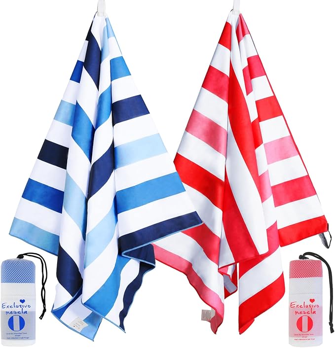 Exclusivo Mezcla 2 Pack Microfiber Quick Dry Beach Towels, Large Lightweight Sandfree Pool Towels for Swimming Camping Travel with Bag (Blue and Red, 30x60 Inches)
