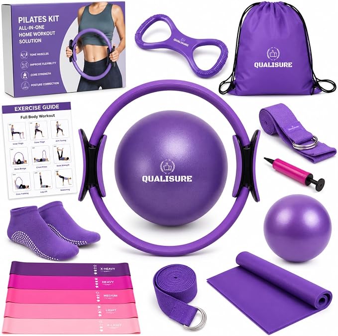 Pilates Kit for Women with Magic Circle Pilates Ring, Pilates Ring Fitness Trainer, Pilates Magic Circle, Yoga Ball, 5 Resistance Bands, Stretch Strap, Socks & Gym Bag for Home Workout