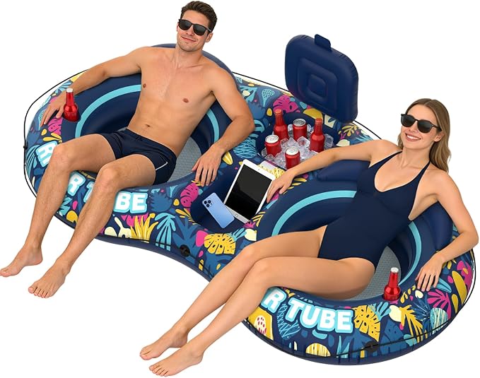 Pool Floats Adult, 2 Person River Tubes Inflatable 5-in-1 Heavy Duty River Raft with Backrests Builtin Cooler 2 Cup Holders Floating Lounge for Lake Swimming Tanning Pool Toys Summer Relaxation
