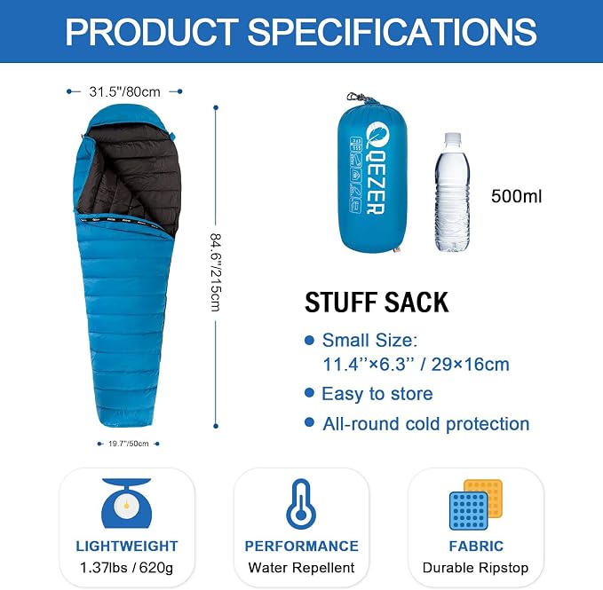 Ultralight Down Sleeping Bag for Adults with 600 Fill Power, Compact All Seasons Sleeping Bag for Backpacking, Hiking and Camping