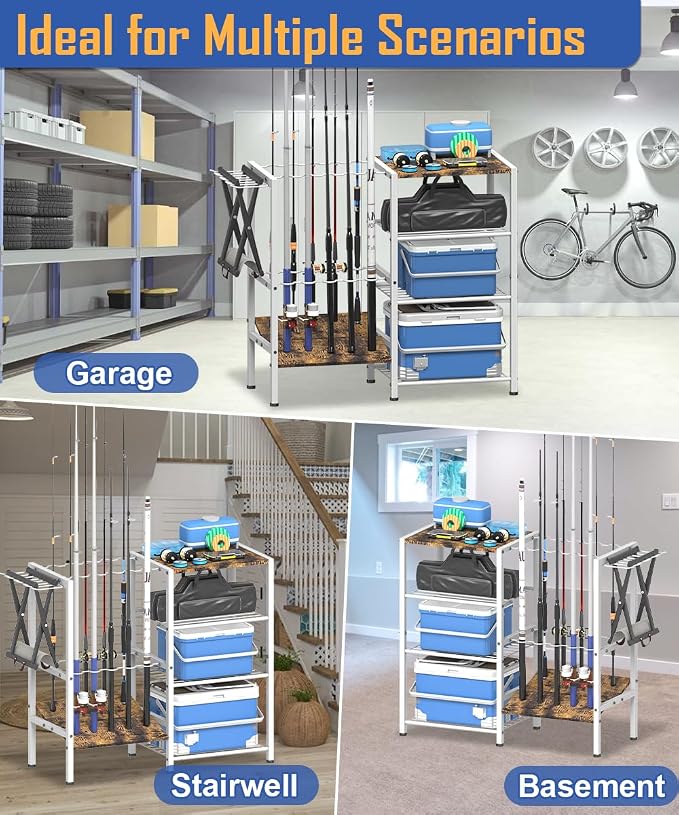Fishing Rod Holders for Garage, Fishing Pole Holder Stand with Multifunctional Hook, 4 Tier Fishing Gear Equipment Organizers Rack, Fits Most Rods of 1.58" for Home Entryway Corner