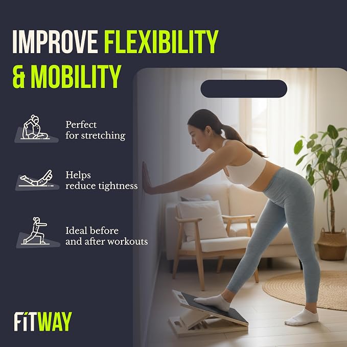 Adjustable Wooden Slant Board for Calf Stretching & Squats 16" x 12– 5-Level Incline Board with Non-Slip Velour Surface & 5 Resistance Bands – Portable Calf Stretcher for Mobility & Rehab