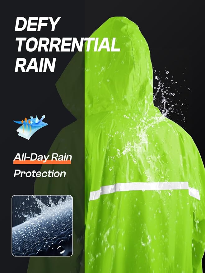Mens Long Hooded Safety Rain Jacket Waterproof Emergency Raincoat Poncho