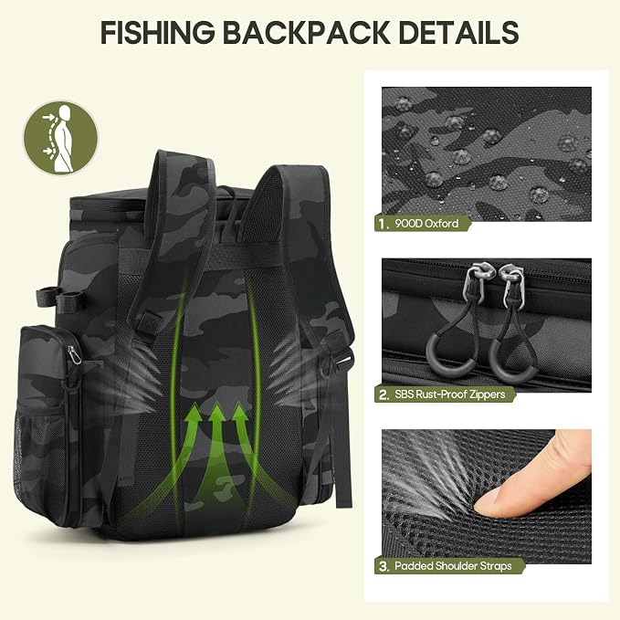 RAINSMORE Fishing Backpack, 45L Large Fishing Bag with 4 Rod Holders & Insulated Cooler Professional Fishing Tackle Backpack with Rain Cover Waterproof Tackle Bag for Men Gift, Grey Camouflage