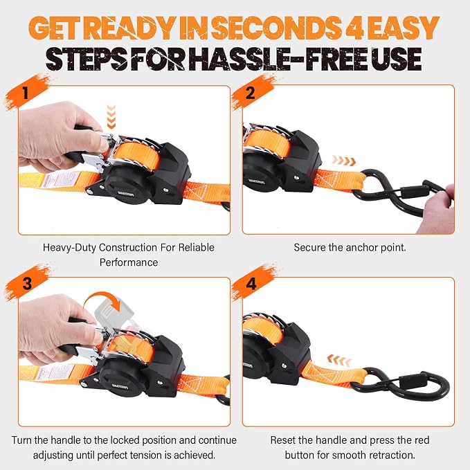 1" x 10' Self Retracting Ratchet Straps (4-Pack) - Orange Heavy Duty Tie Downs with Auto-Retract, 1540lb Break Strength for Truck, Motorcycle, ATV, UTV, Cargo Trailer