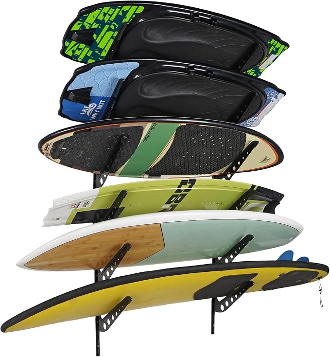 6 Board Surf Rack Wall Mount for Surfboard, Wakeboard, Snowboard Storage Adjustable Wall Hangers Boards Display