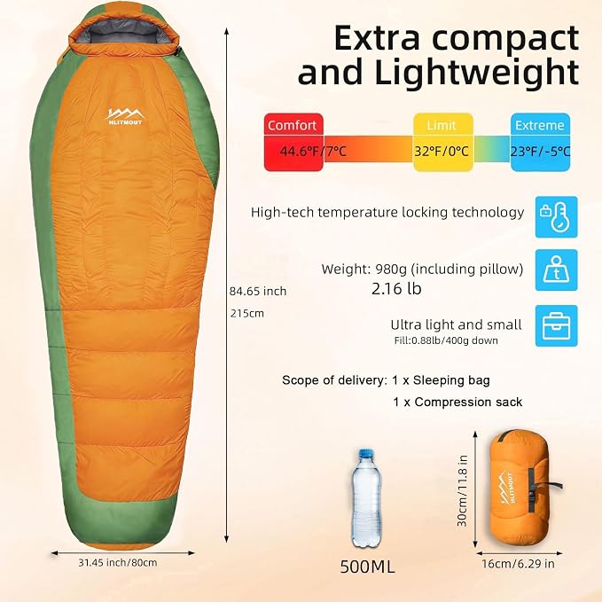 Down Sleeping Bag with Pillow, 0°F 20°F 32°F Regular and XL Compact Lightweight Sleeping Bag for Adults,Teens Backpacking,Camping and Hiking Outdoor