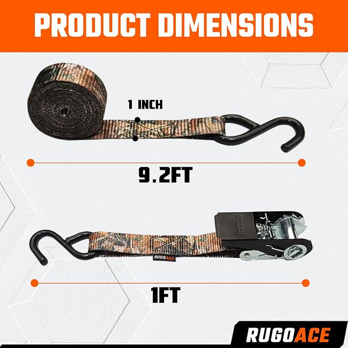 8PK Ratchet Tie Down Straps 1" x 10ft, 300lbs Load Capacity, 900lbs Break Strength, Durable for Moving Appliances, Lawn Equipment, Motorcycles, Cargo Trucks, Trailers & More, Camouflage