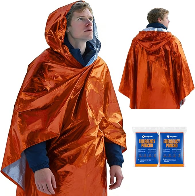 K Kingstar 2 Pack Emergency Mylar Poncho, Waterproof Rain Ponchos, Reusable Packable Ponchos, Survival Blanket Poncho for Outdoor Camping & Hiking, Rescue, Car Emergency Kit, Shelter/Tent Cover