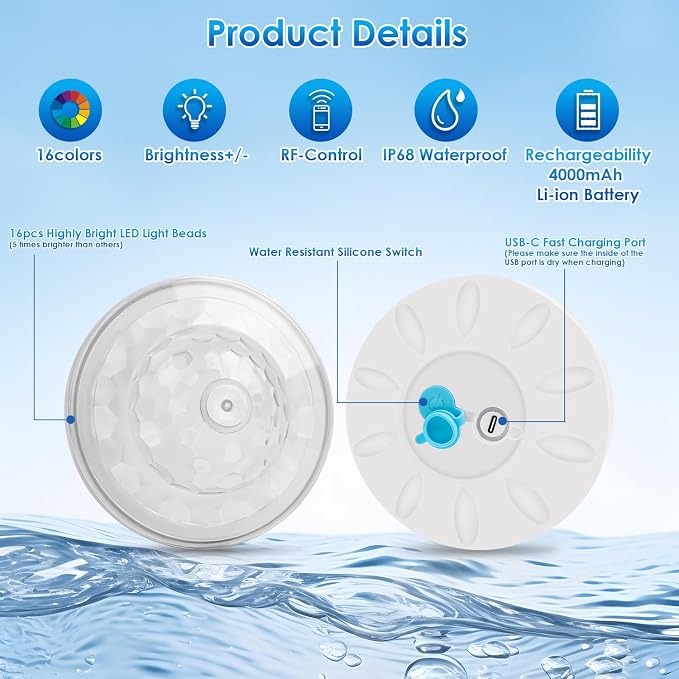 QOLNBY Floating Pool Lights(1 Pack), Rechargeable Pool Lights with 6 Dynamic Lighting Effects, Upper and Lower Color Changing Floating Light, IP68 Waterproof Lights for Pools, Hot Tubs, Fountain