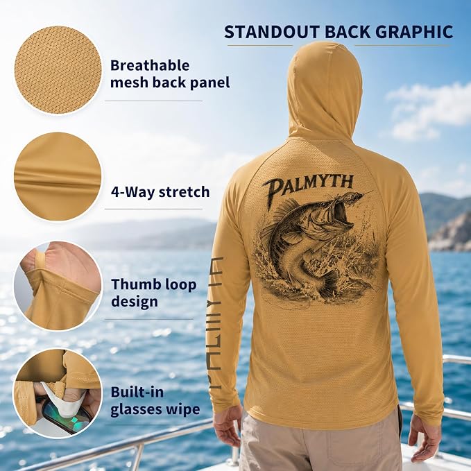 Palmyth Men's Fishing Hoodie Shirt UPF 50+ Quick-Dry Breathable Long Sleeve | Long Sleeve Fishing Shirt, UPF 50+ Sun Protection, Quick-Dry Fabric, Breathable Mesh Back, Built-in Face Mask, 4-way Stretch