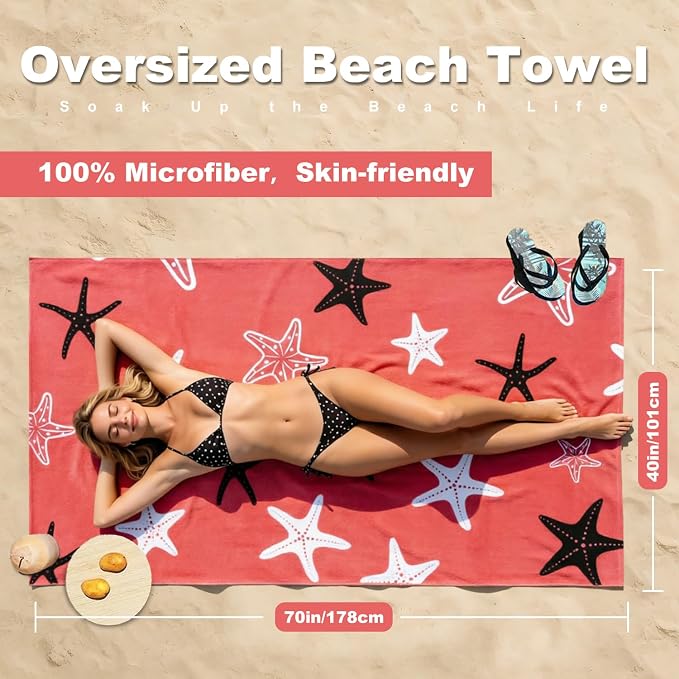 Jessy Home Microfiber 4 Pack Beach Towel Set, 40x70in Oversized Beach Towel, Quick-Dry Sand-Free Highly Absorbent Swim Towel, Soft Pool Towel, Marine Mixed Prints of Starfish & Sea Turtle for Vacation