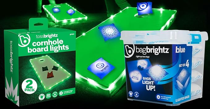 Brightz Cornhole Board Edge Lights with LED Bags - Includes 4-Pack of LED Cornhole Bags + TossBrightz Cornhole Board Edge Lights - The Ultimate Night Time Cornhole Master Set