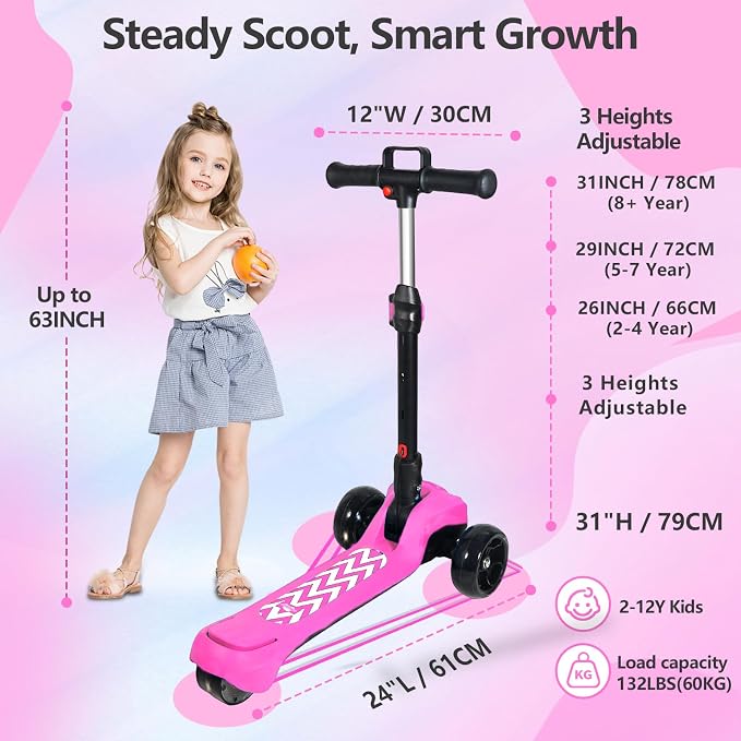 Electric Scooter for Kids Ages 3-12, Full Body Lights Up, Wide Deck, 3 Adjustable Heights, 5MPH Safe Speed, 90min Riding, Foldable 3 Wheel Electric Scooter for Kids Boys Girls Toddler