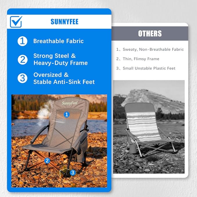 SUNNYFEEL Low Folding Beach Chair for Adults, Portable Lightweight Sling Beach Camping Chairs with Cup Holder, Armrest,Foldable Camp Lawn Chair for Outdoor Sand Concert Travel Sport Events,300LBS