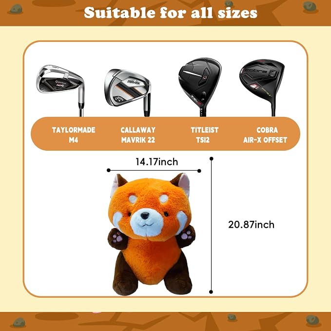 Cute Red Panda Golf Headcover, Animals Plush Golf Club Head Covers, Small Size Fits Hybird and Irons, Large Size Fits Standard 460cc Driver Head