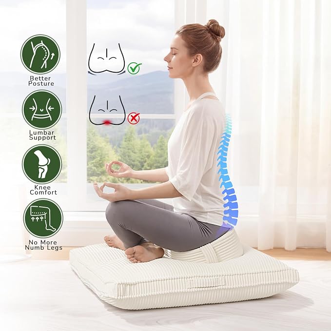 Meditation Cushion Set, Large Meditation Pillow with Ergonomic Support Prayer Pad, Modern Zafu & Zabuton Set to Mindfulness, Yoga, Removable Corduroy Cover, Beige, 32in
