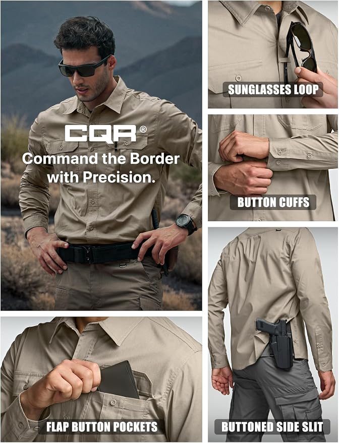 CQR Men's Long Sleeve Tactical Shirts, Ripstop Military Work Shirts, UPF 50+ Breathable Button Down Outdoor Hiking Shirt