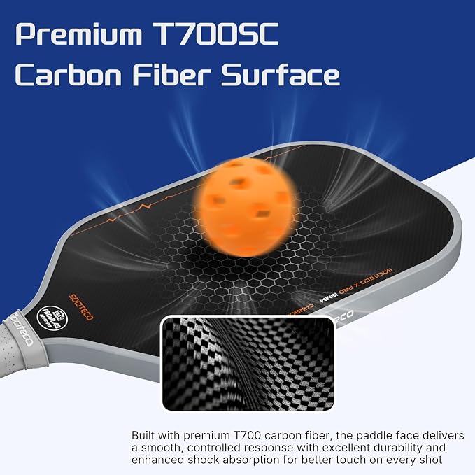 Carbon Fiber Pickleball Paddle, Thermoformed Pickleball Paddle | T700 Carbon Fiber, Thermoformed Unibody, 16mm Honeycomb Core, Foam Edge Wall, Elongated, Intermediate and Competitive Player