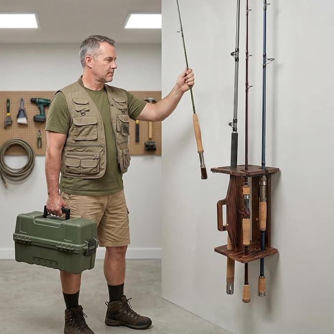 MyGift Rustic Dark Burnt Solid Wood Portable Fishing Rod Rack — Carry & Display Fishing Pole Storage Holder, Wall-Mounted or Freestanding Organizer for Rods & Reels