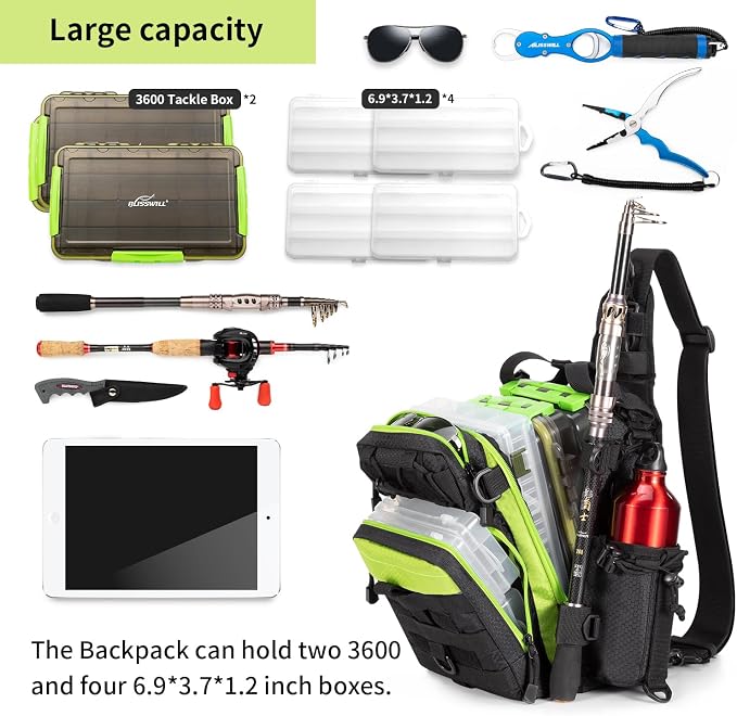 BLISSWILL Outdoor Tackle Bag - Large Water-Resistant Fishing Backpack