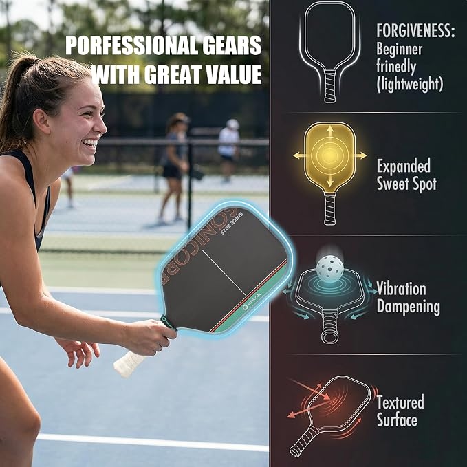Pickleball Paddle Set, T700 Carbon Fiber, 16mm Core for Control & Spin, Includes 1 Paddle, Paddle Sleeve Cover, 2 Wristbands & 1 Grip Tape | Sonicore CourtVibe