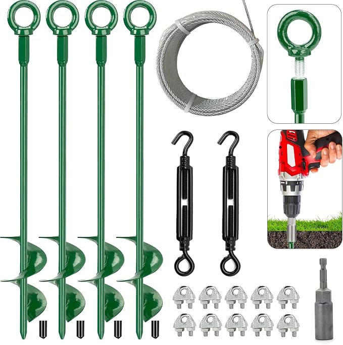 4 Pack 18" Spiral Ground Anchors Kit, Fully Welded Earth Anchors with 50 FT 1/8" Galvanized Cable, 4 Turnbuckles, Wire Rope Clips & Drill Adapter, Tie Down Kit for Shed Trampoline (Green)