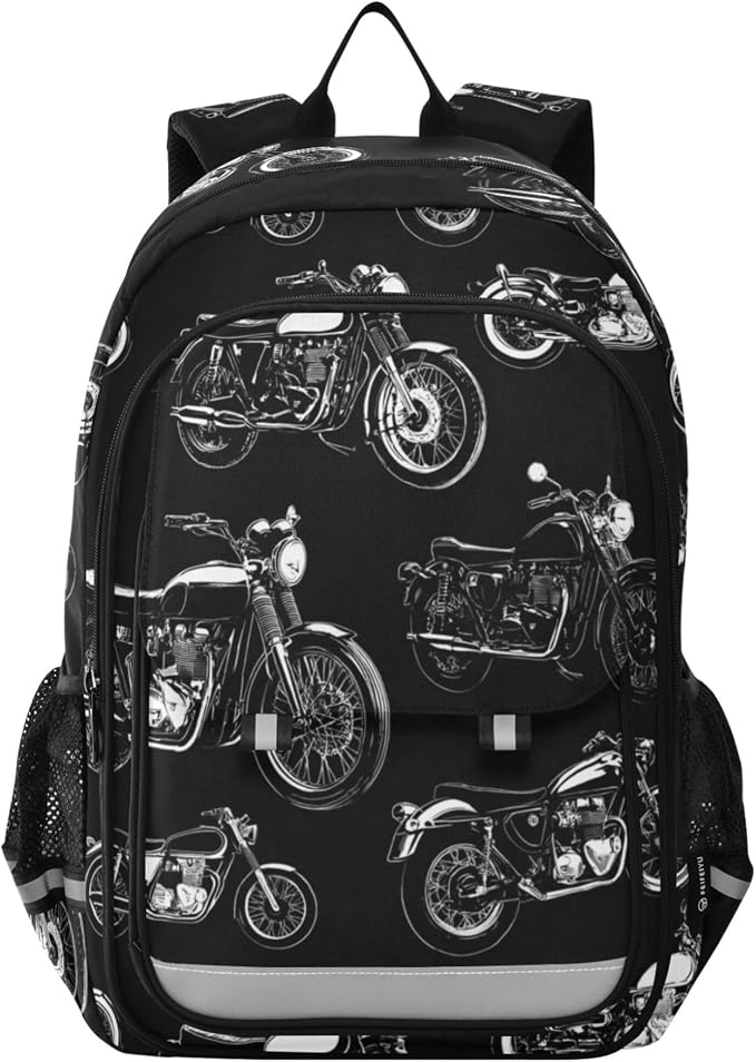 Fisyme Black White Motorcycles School Backpack Laptop Backpacks Bags Bookbag Travel Casual Computer Notebooks Daypacks