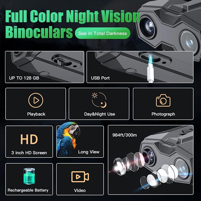 Night Vision Binoculars for Adults with Infrared | 20× Zoom Digital Night Vision Goggles with 4K Photos, 984ft Long Range, HD 3″ Screen, Rechargeable Battery – Best for Hunting, Wildlife, Surveillance